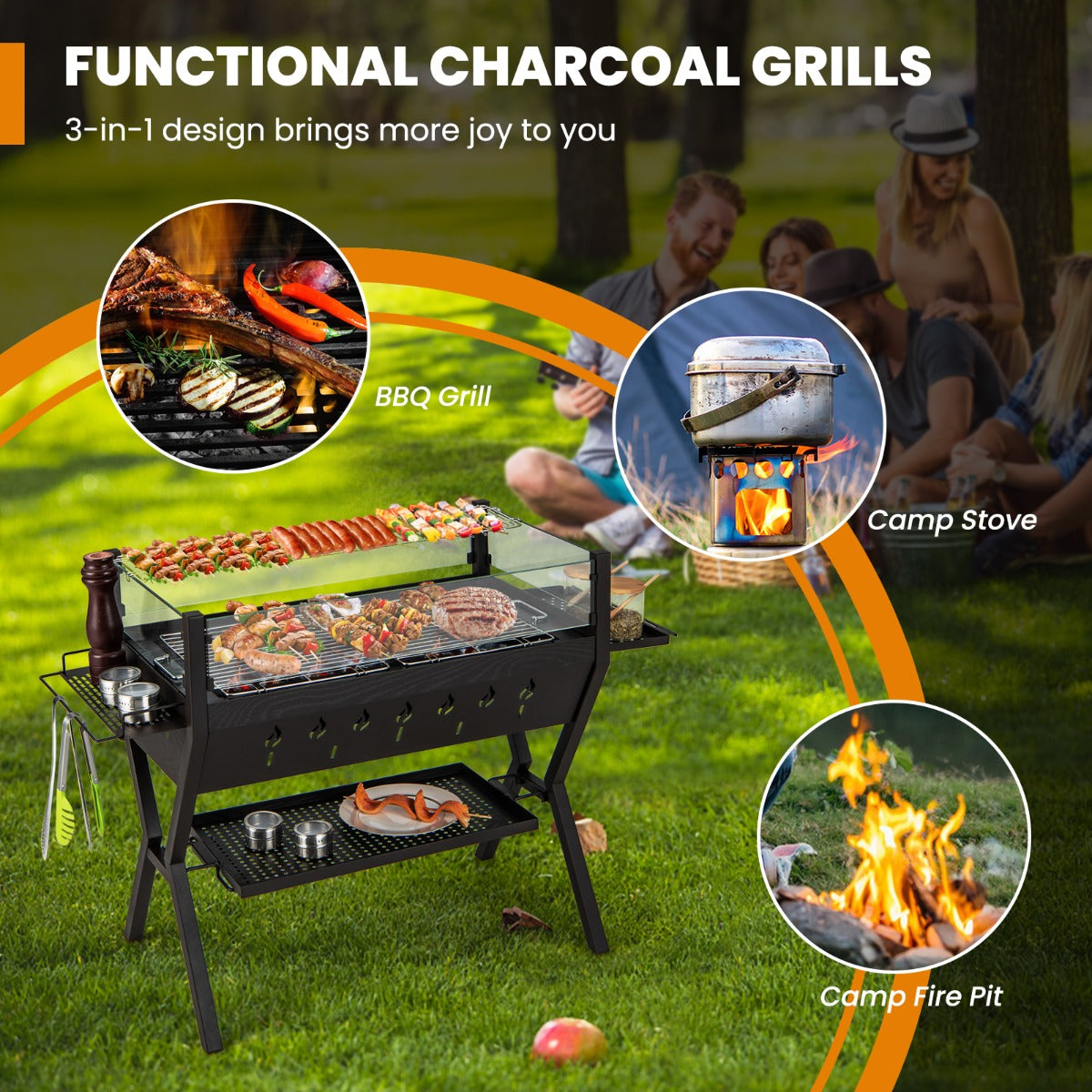 LIVSK 3-in-1 Houtskoolbarbecue met Windscherm - Roestvrijstalen Grillroosters - Zijdelingse Kruidenrekken - 98 x 42 x 68 cm -