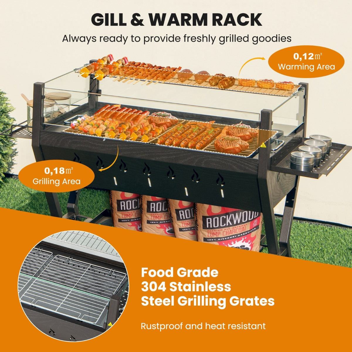 LIVSK 3-in-1 Houtskoolbarbecue met Windscherm - Roestvrijstalen Grillroosters - Zijdelingse Kruidenrekken - 98 x 42 x 68 cm -