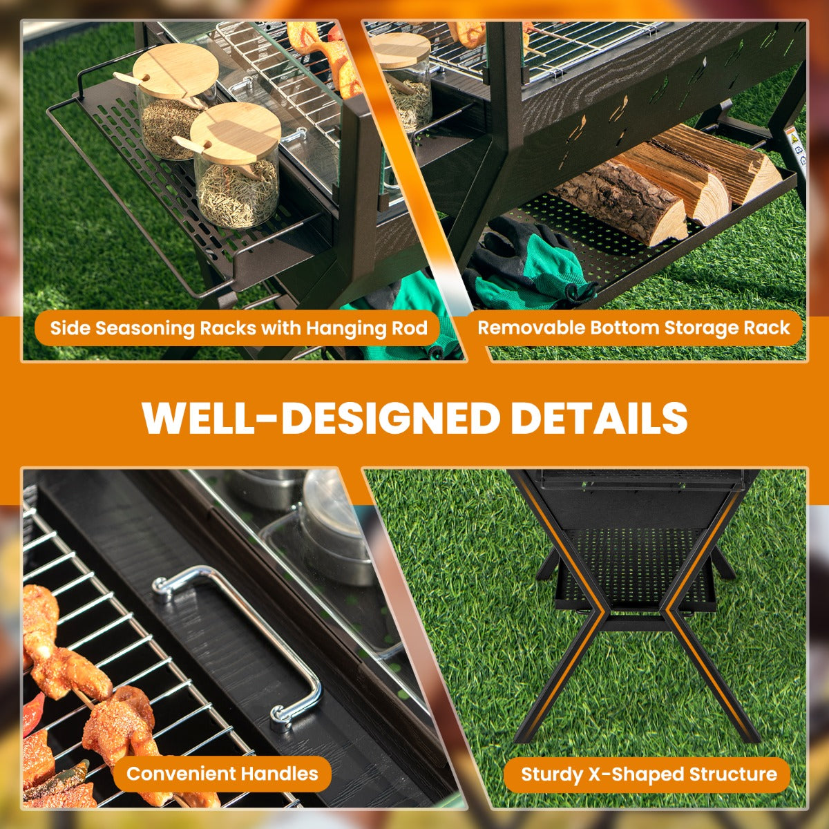 LIVSK 3-in-1 Houtskoolbarbecue met Windscherm - Roestvrijstalen Grillroosters - Zijdelingse Kruidenrekken - 98 x 42 x 68 cm -