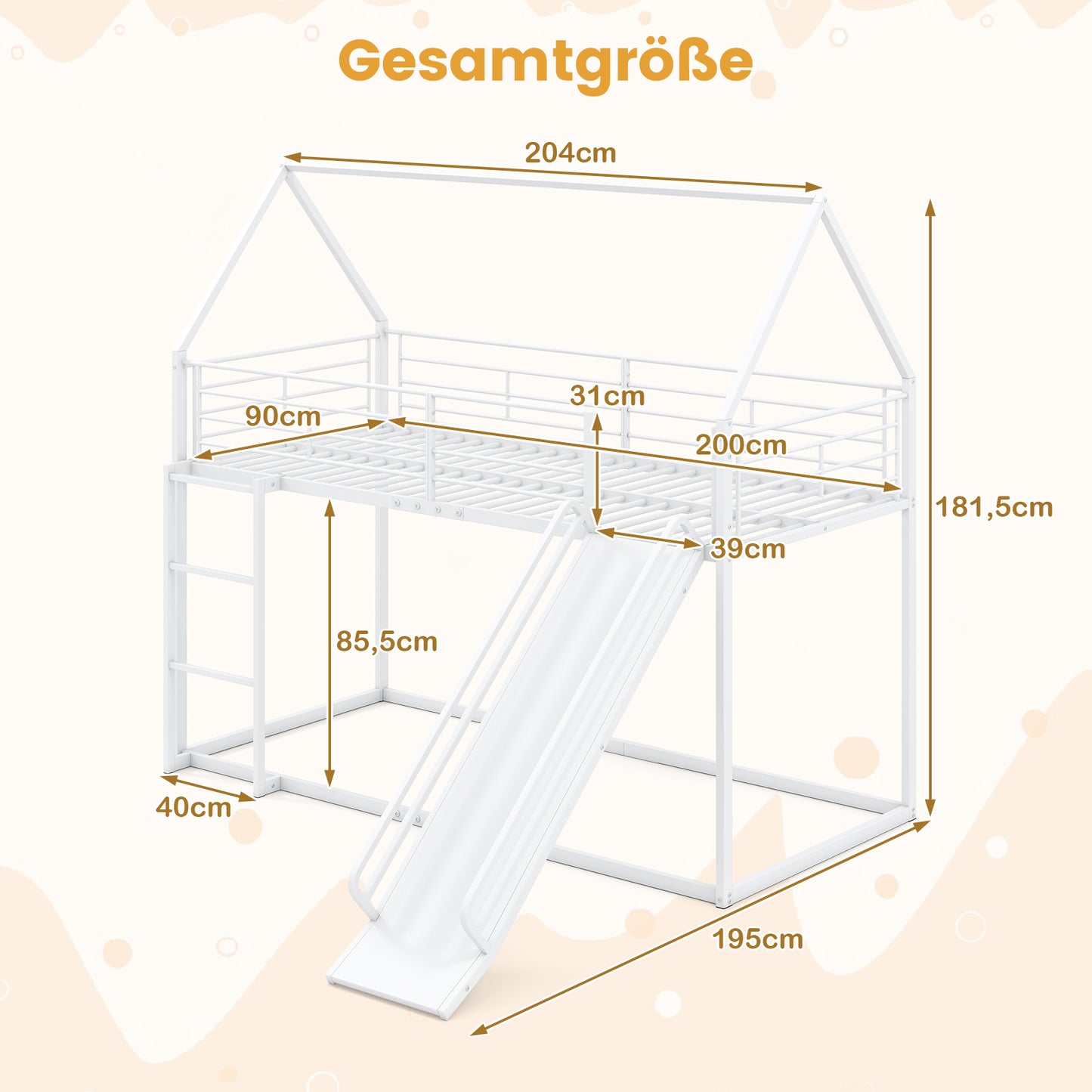LIVSK Huis-etagenbedframe met Glijbaan - Hoogslaper 200 x 90 cm - Veilig met Leuningen en Ladder - Wit