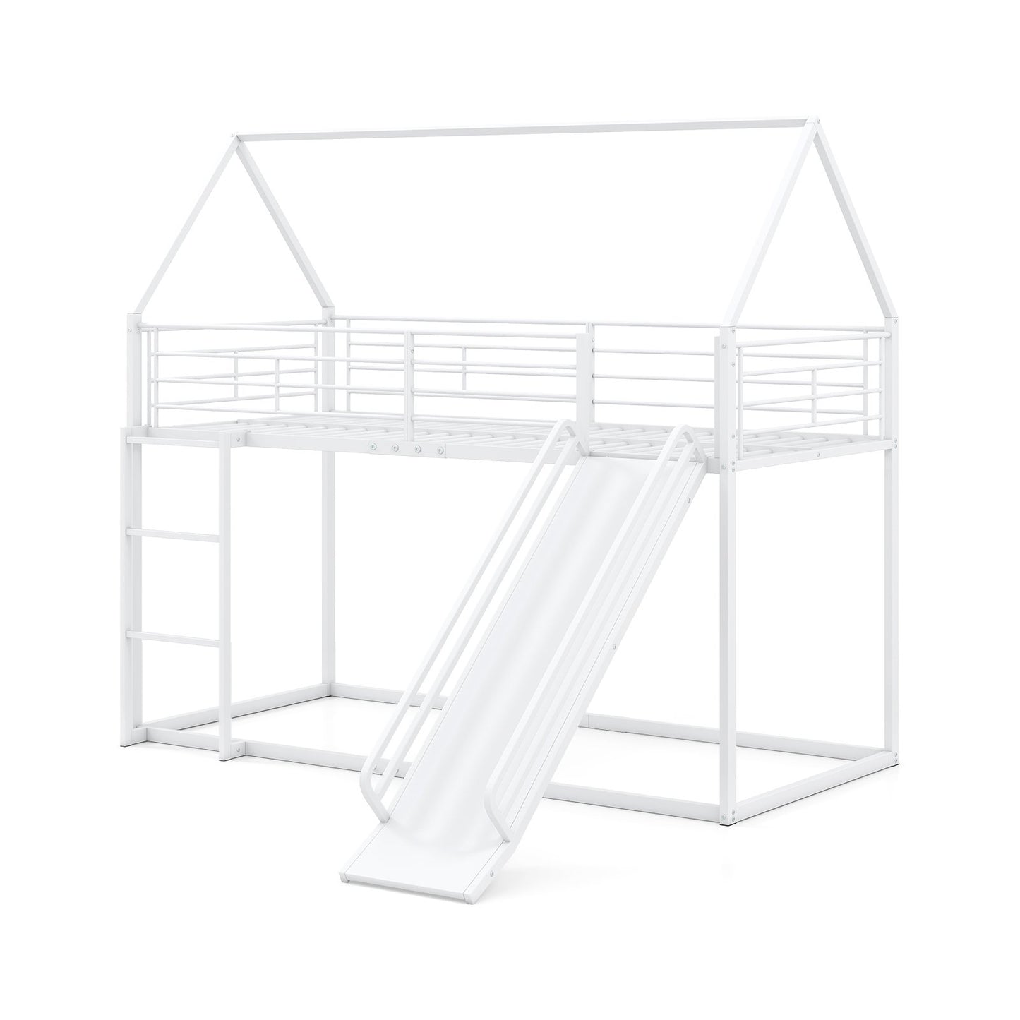 LIVSK Huis-etagenbedframe met Glijbaan - Hoogslaper 200 x 90 cm - Veilig met Leuningen en Ladder - Wit