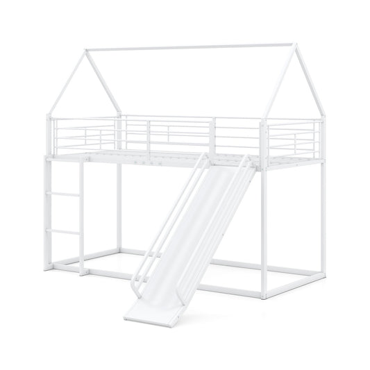 LIVSK Huis-etagenbedframe met Glijbaan - Hoogslaper 200 x 90 cm - Veilig met Leuningen en Ladder - Wit