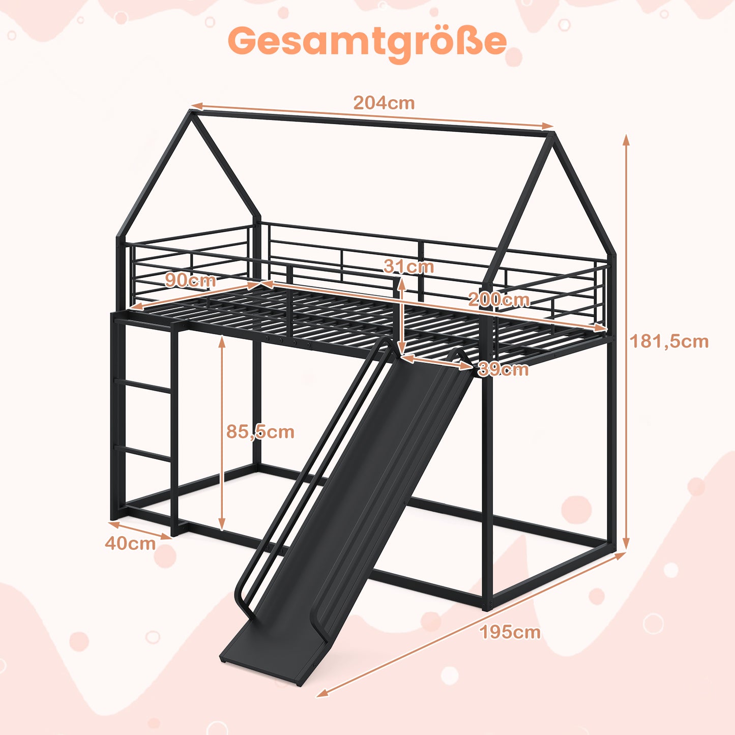 LIVSK Huis-etagenbedframe met Glijbaan - Stevig Metaal - Veiligheidsrelings - Ruime Benedenverdieping - 200 x 90 cm - Zwart
