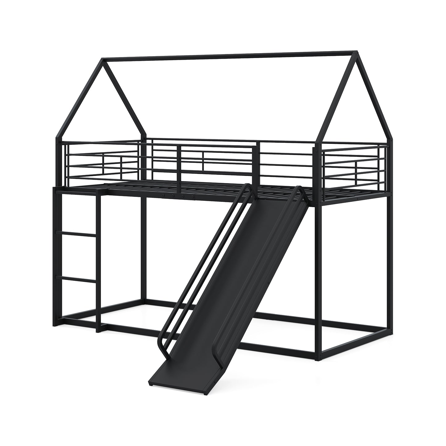 LIVSK Huis-etagenbedframe met Glijbaan - Stevig Metaal - Veiligheidsrelings - Ruime Benedenverdieping - 200 x 90 cm - Zwart