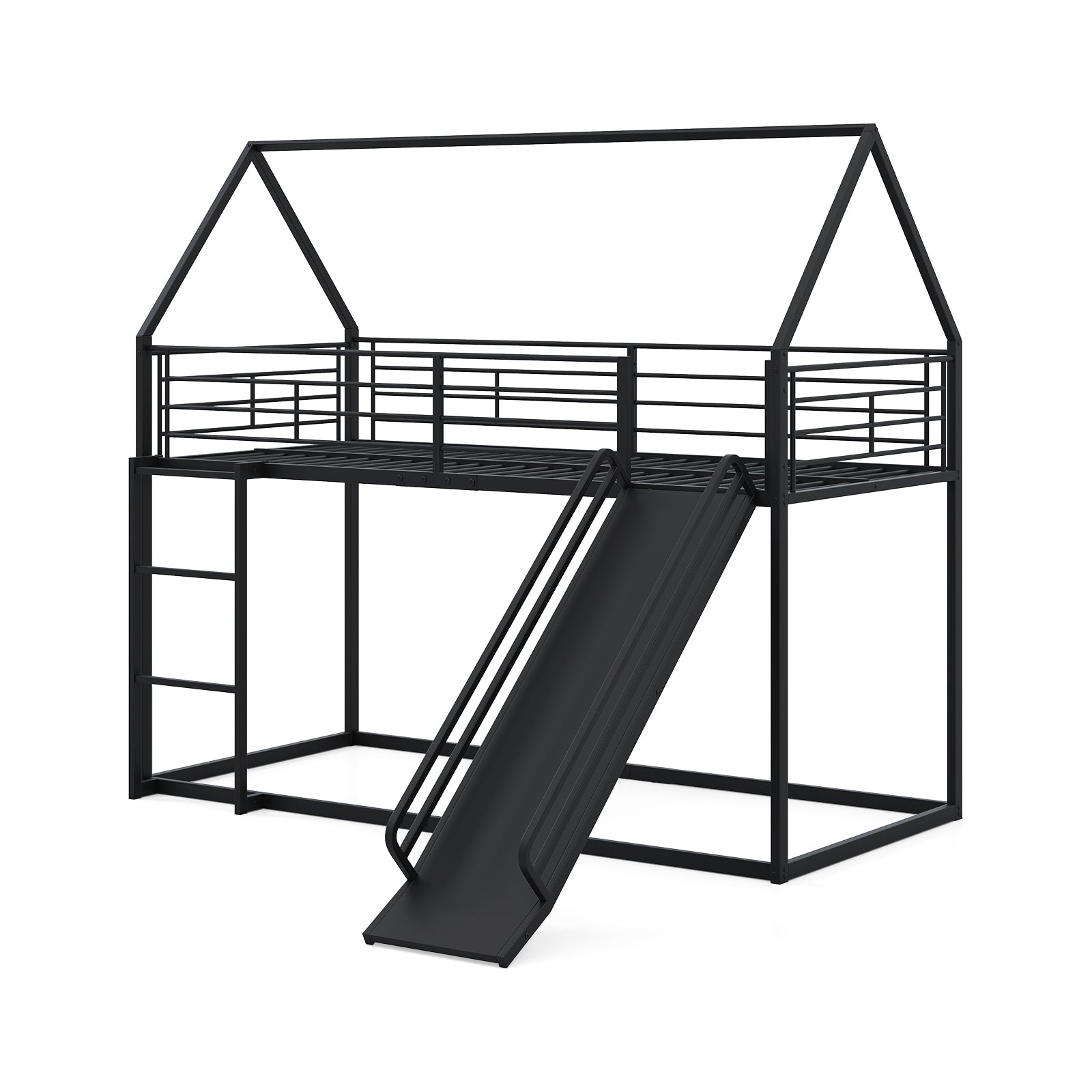 LIVSK Huis-etagenbedframe met Glijbaan - Stevig Metaal - Veiligheidsrelings - Ruime Benedenverdieping - 200 x 90 cm - Zwart