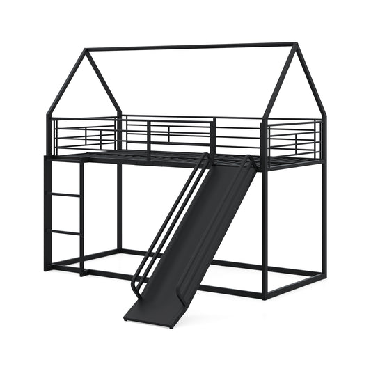 LIVSK Huis-etagenbedframe met Glijbaan - Stevig Metaal - Veiligheidsrelings - Ruime Benedenverdieping - 200 x 90 cm - Zwart