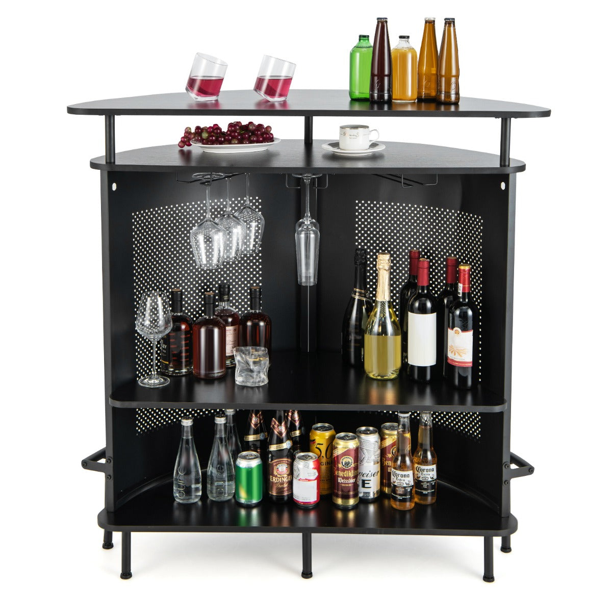 Livsk costway huisbar 4 tier bartafel met planken en 3 houders voor glazen met steel gebogen aanrecht geperforeerd metalen front industriele bartafel