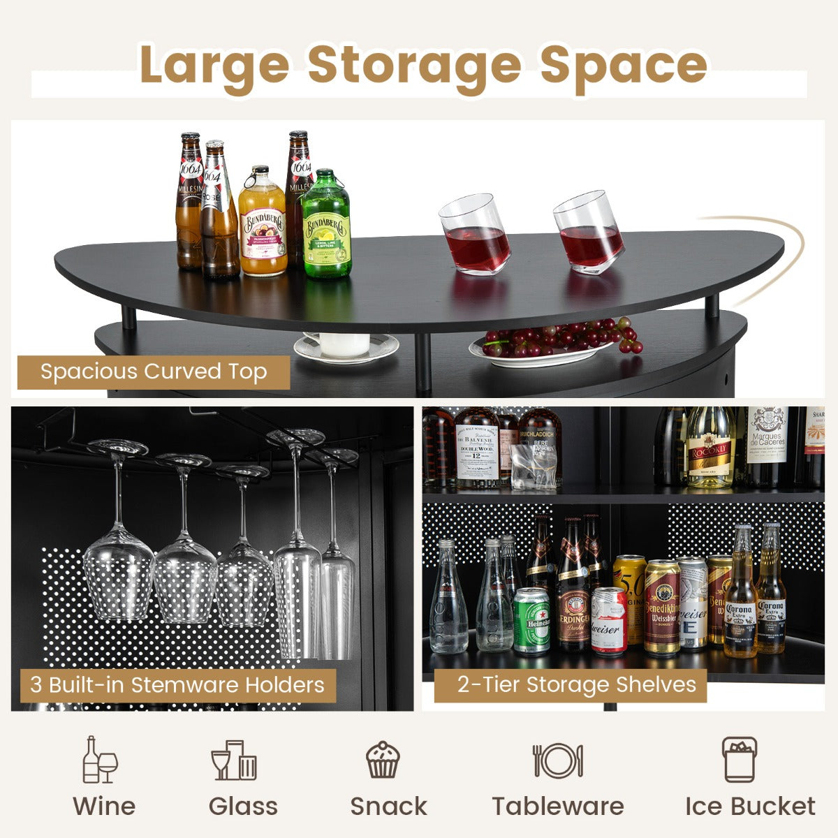 Livsk costway huisbar 4 tier bartafel met planken en 3 houders voor glazen met steel gebogen aanrecht geperforeerd metalen front industriele bartafel 3