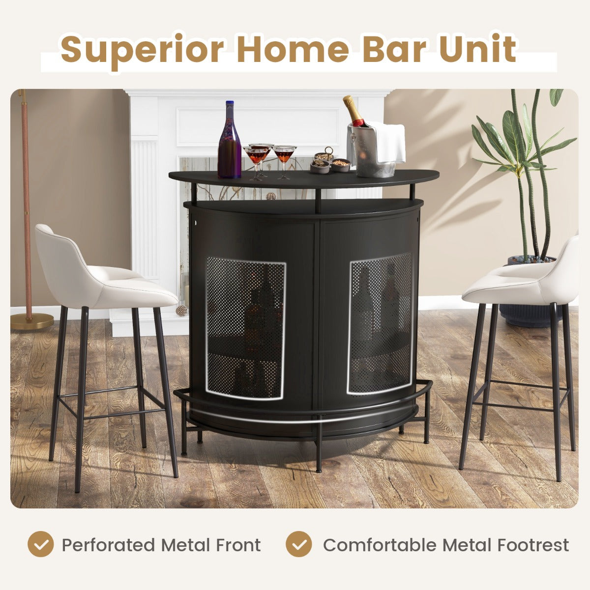 Livsk costway huisbar 4 tier bartafel met planken en 3 houders voor glazen met steel gebogen aanrecht geperforeerd metalen front industriele bartafel 5