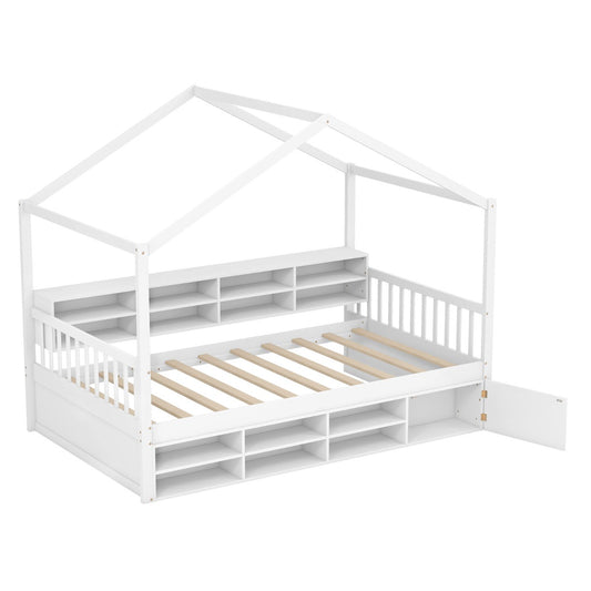 LIVSK Twin-huisbed - Huisvormig Design - 8 Opbergkubussen - Draagvermogen 200 kg - Geschikt voor Matrassen 15-20 cm - Wit