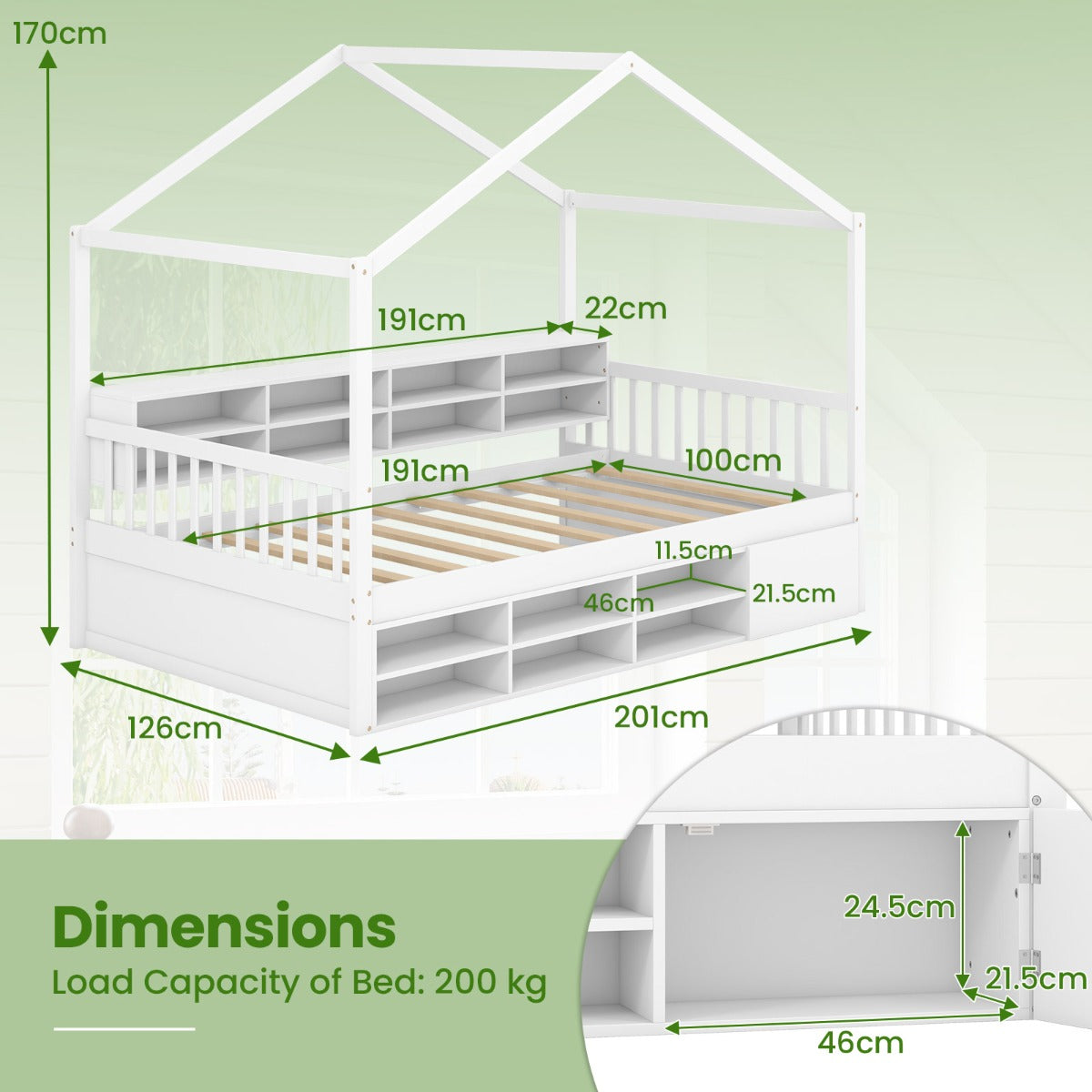 LIVSK Twin-huisbed - Huisvormig Design - 8 Opbergkubussen - Draagvermogen 200 kg - Geschikt voor Matrassen 15-20 cm - Wit