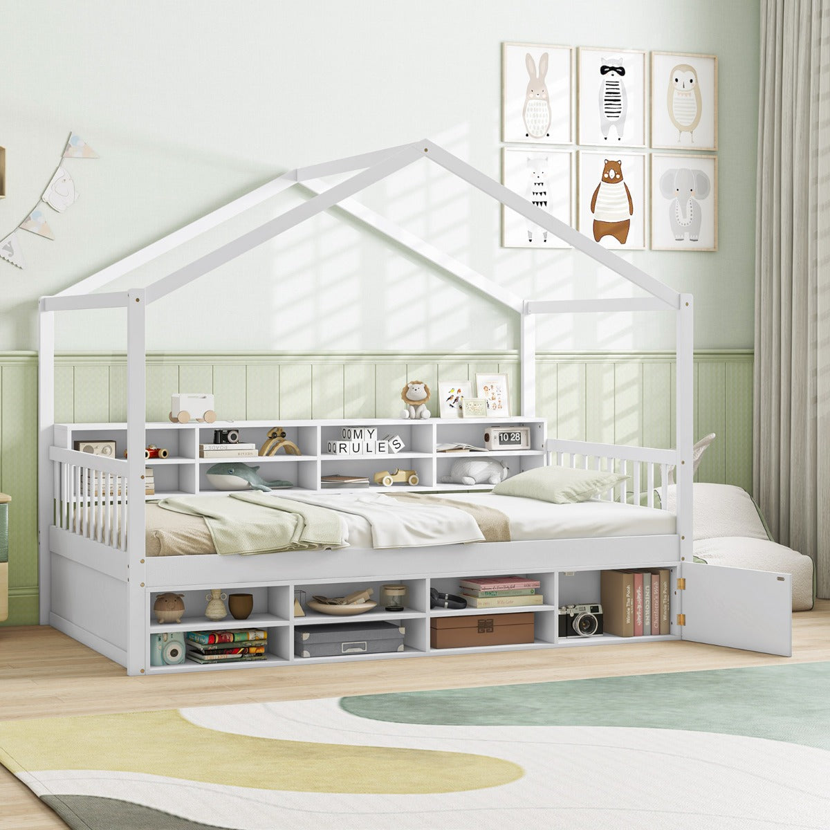 LIVSK Twin-huisbed - Huisvormig Design - 8 Opbergkubussen - Draagvermogen 200 kg - Geschikt voor Matrassen 15-20 cm - Wit