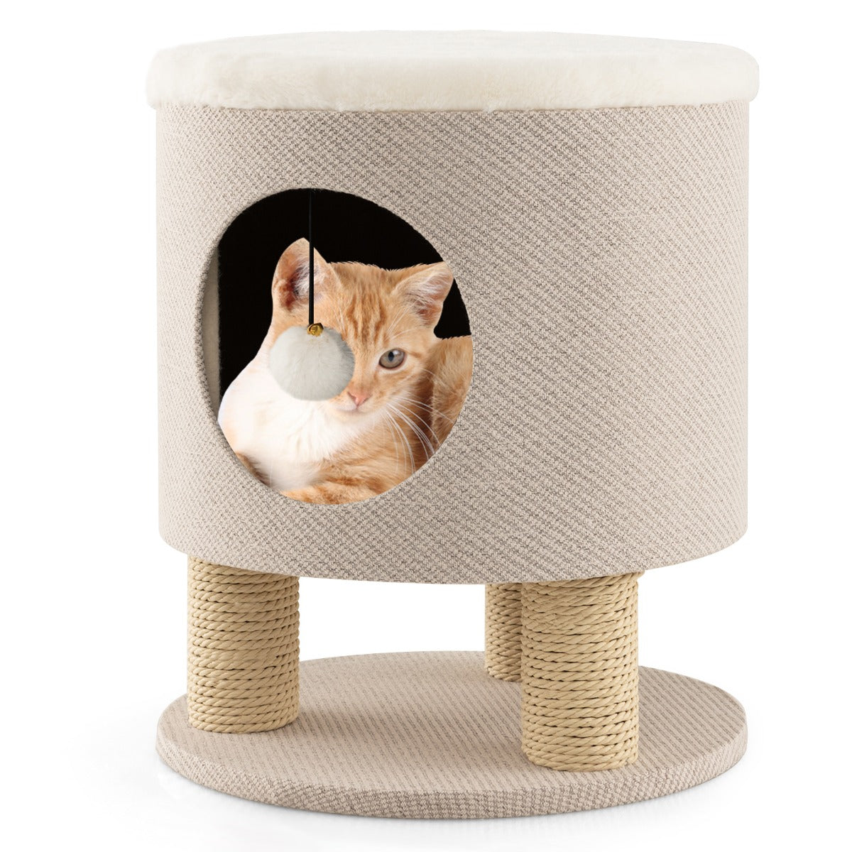 LIVSK Cat Condo Kruk - 3-in-1 Meubel voor Katten - Krabpalen - Hangende Bal - Eenvoudige Montage - Beige