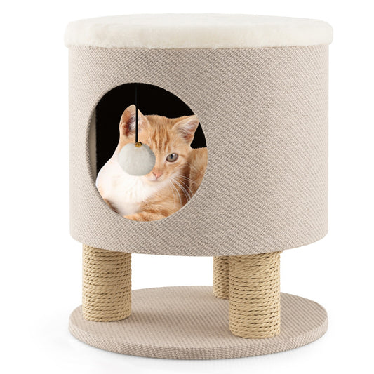 LIVSK Cat Condo Kruk - 3-in-1 Meubel voor Katten - Krabpalen - Hangende Bal - Eenvoudige Montage - Beige