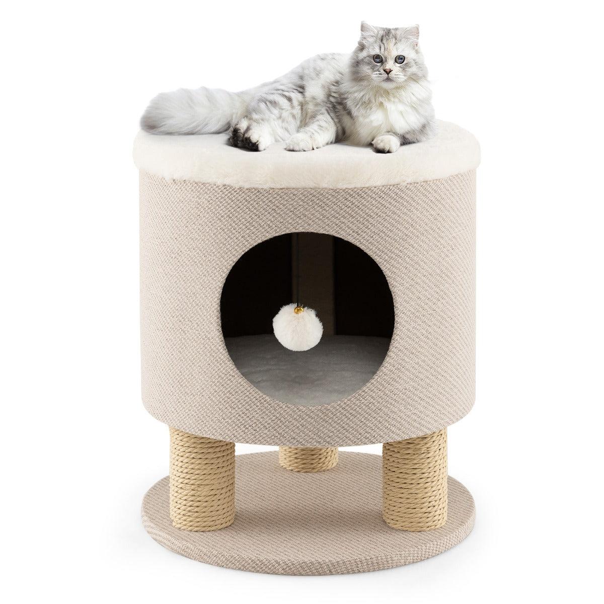 LIVSK Cat Condo Kruk - 3-in-1 Meubel voor Katten - Krabpalen - Hangende Bal - Eenvoudige Montage - Beige