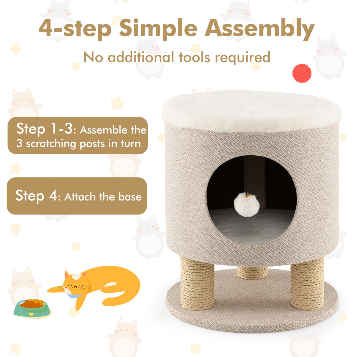 LIVSK Cat Condo Kruk - 3-in-1 Meubel voor Katten - Krabpalen - Hangende Bal - Eenvoudige Montage - Beige