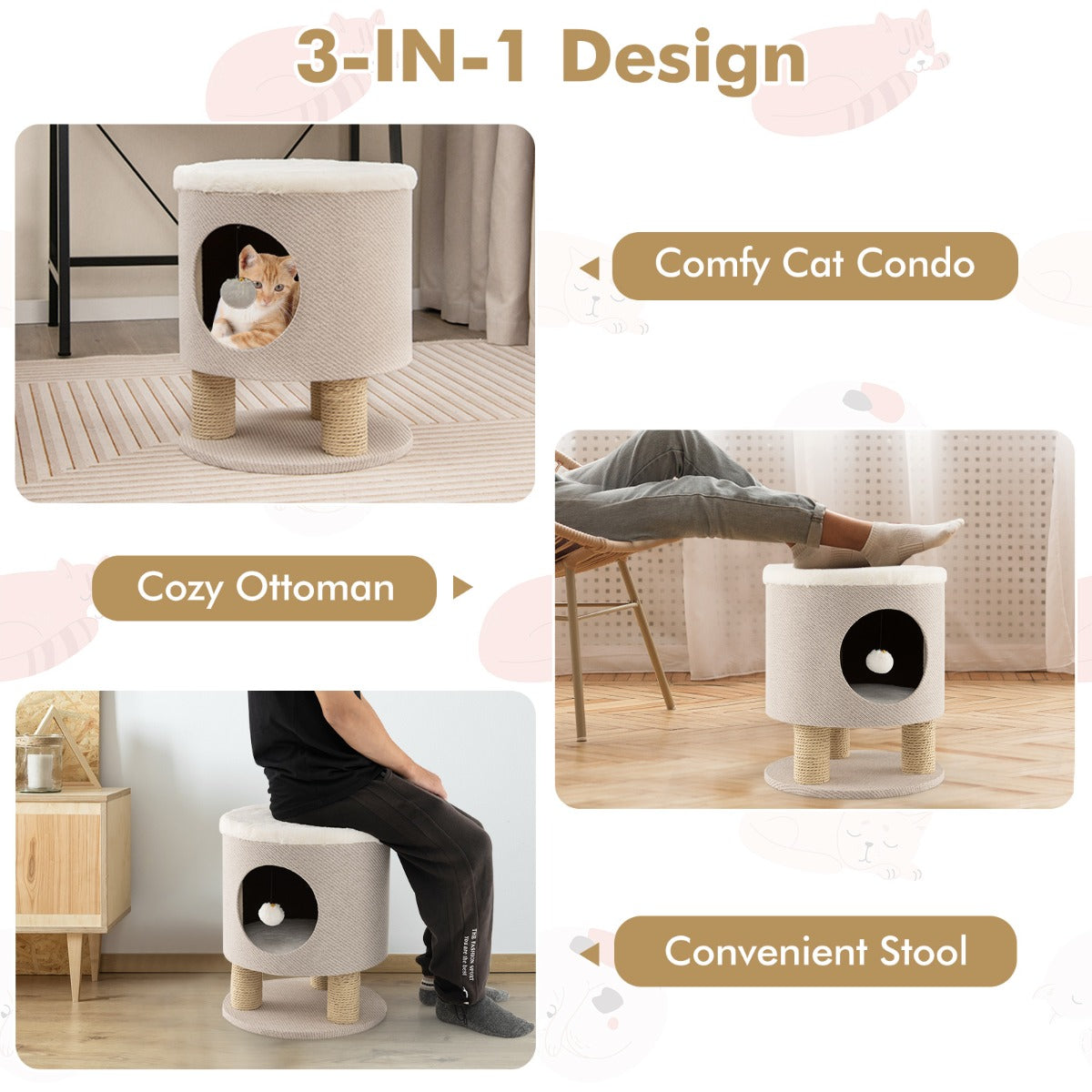 LIVSK Cat Condo Kruk - 3-in-1 Meubel voor Katten - Krabpalen - Hangende Bal - Eenvoudige Montage - Beige