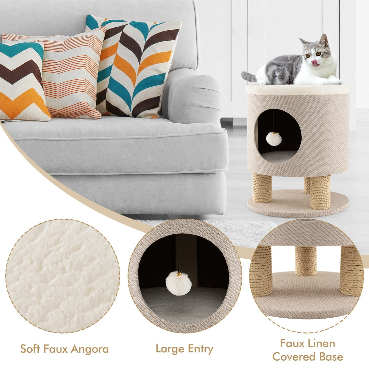 LIVSK Cat Condo Kruk - 3-in-1 Meubel voor Katten - Krabpalen - Hangende Bal - Eenvoudige Montage - Beige