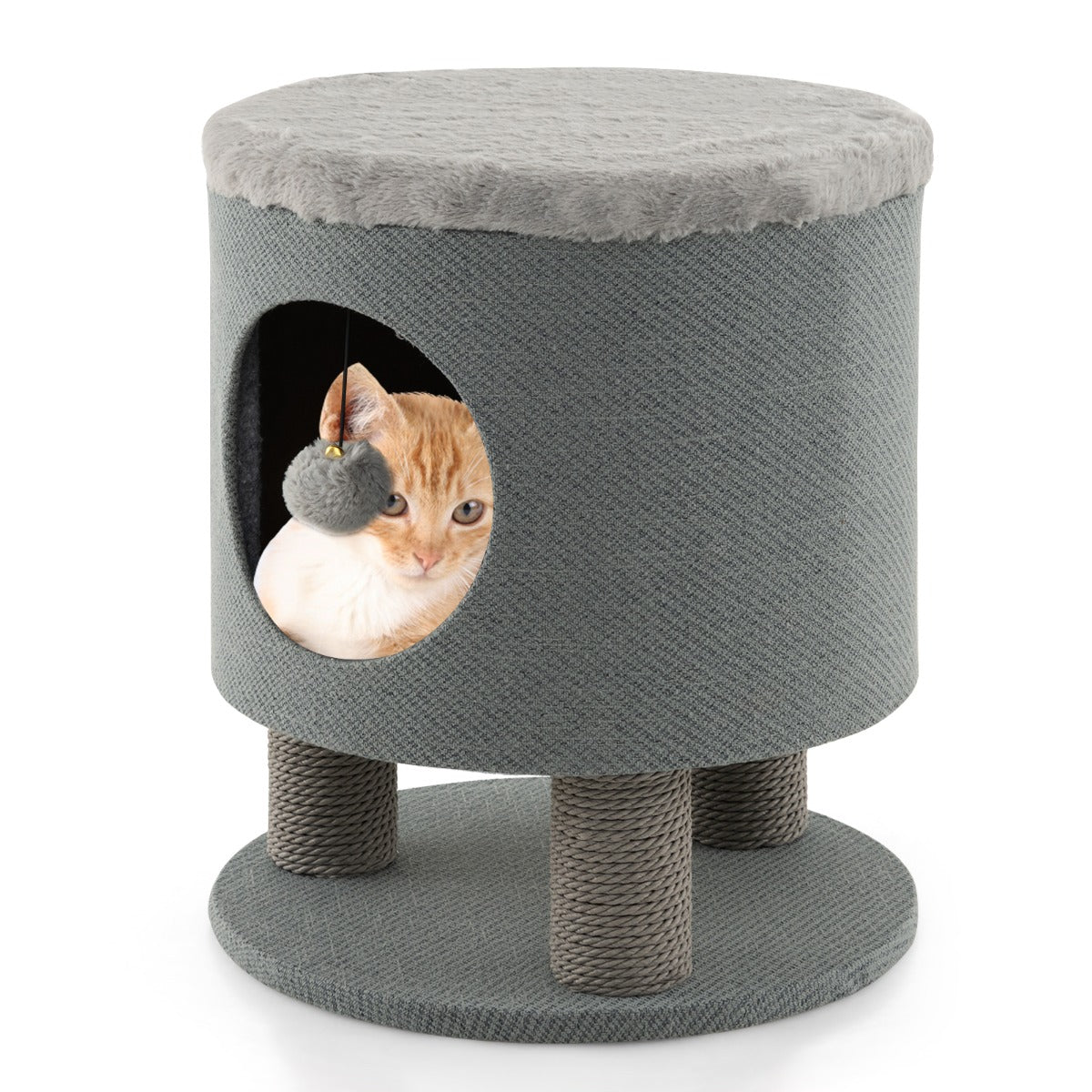 LIVSK Cat Condo Kruk - 3-in-1 Meubel met Krabpalen en Hangende Bal - Slijtvast en Comfortabel - 40 x 40 x 47 cm - Grijs