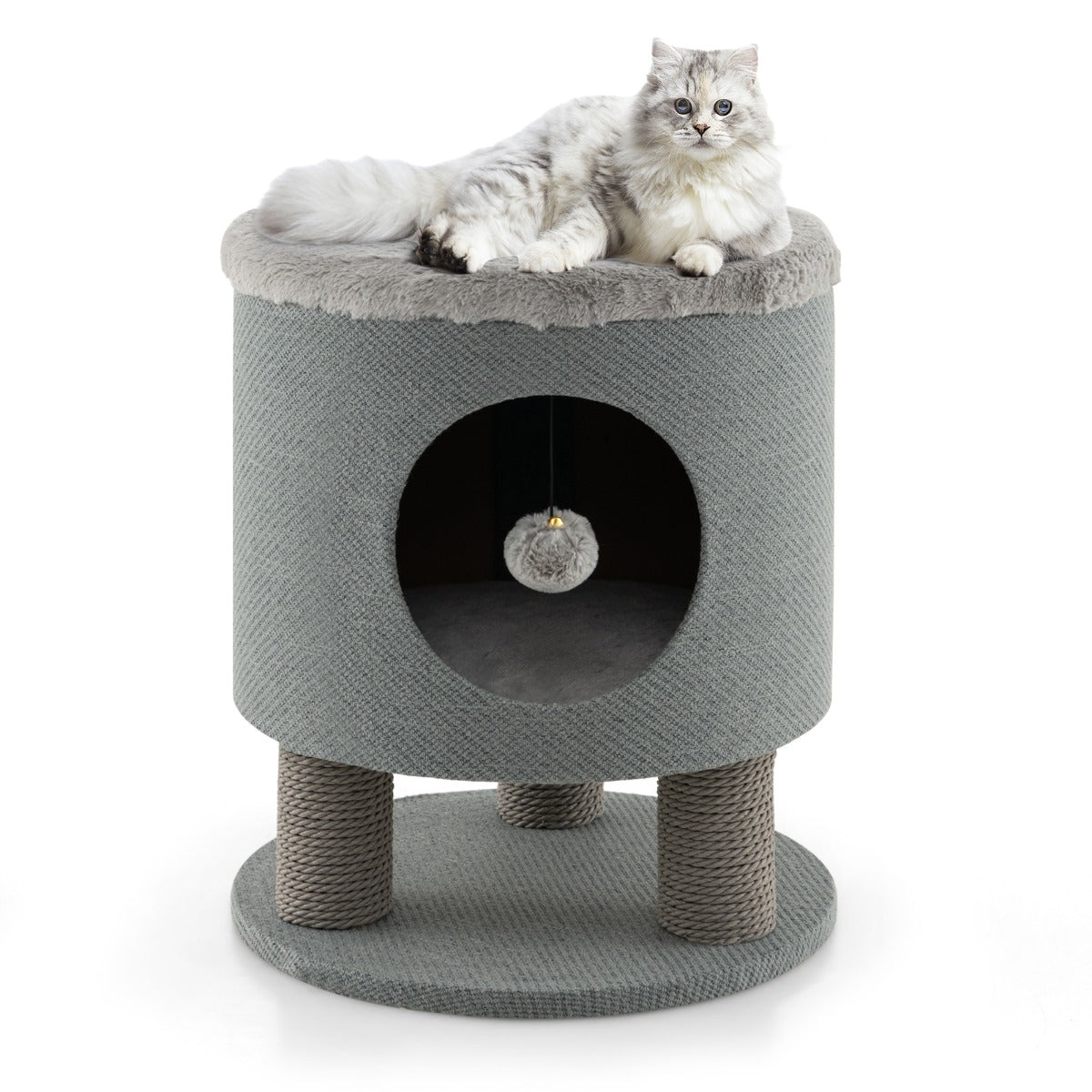 LIVSK Cat Condo Kruk - 3-in-1 Meubel met Krabpalen en Hangende Bal - Slijtvast en Comfortabel - 40 x 40 x 47 cm - Grijs