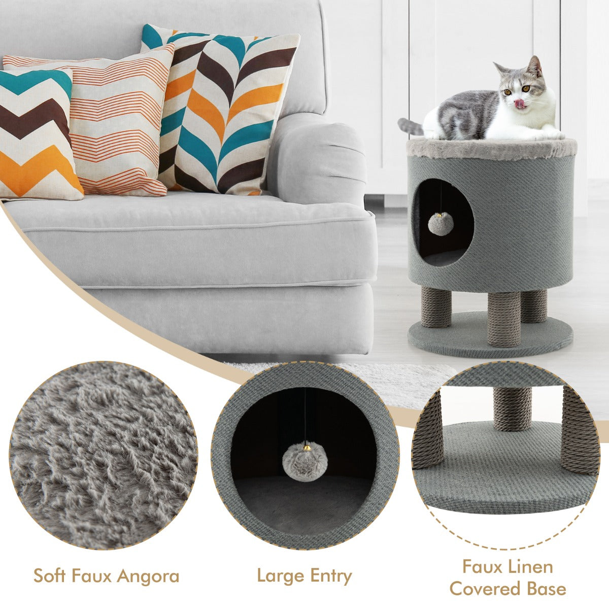 LIVSK Cat Condo Kruk - 3-in-1 Meubel met Krabpalen en Hangende Bal - Slijtvast en Comfortabel - 40 x 40 x 47 cm - Grijs