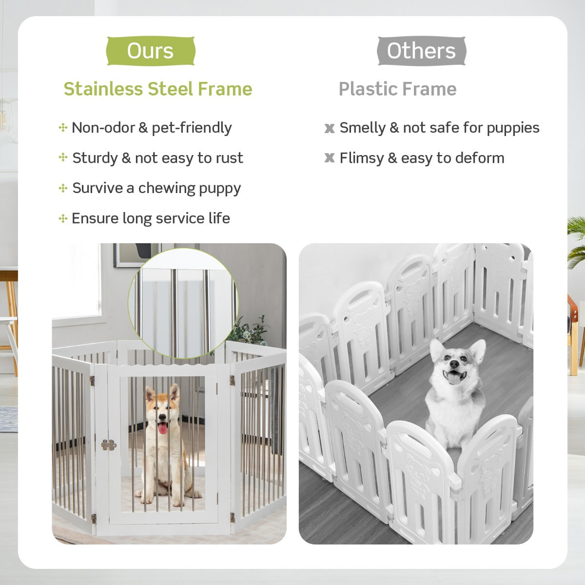 LIVSK Vrijstaand Hondenhek 6 Panelen - Opvouwbaar - Roestvrij Staal - Geen Wandbevestiging - Voor Puppy’s en Kleine Honden - Wit