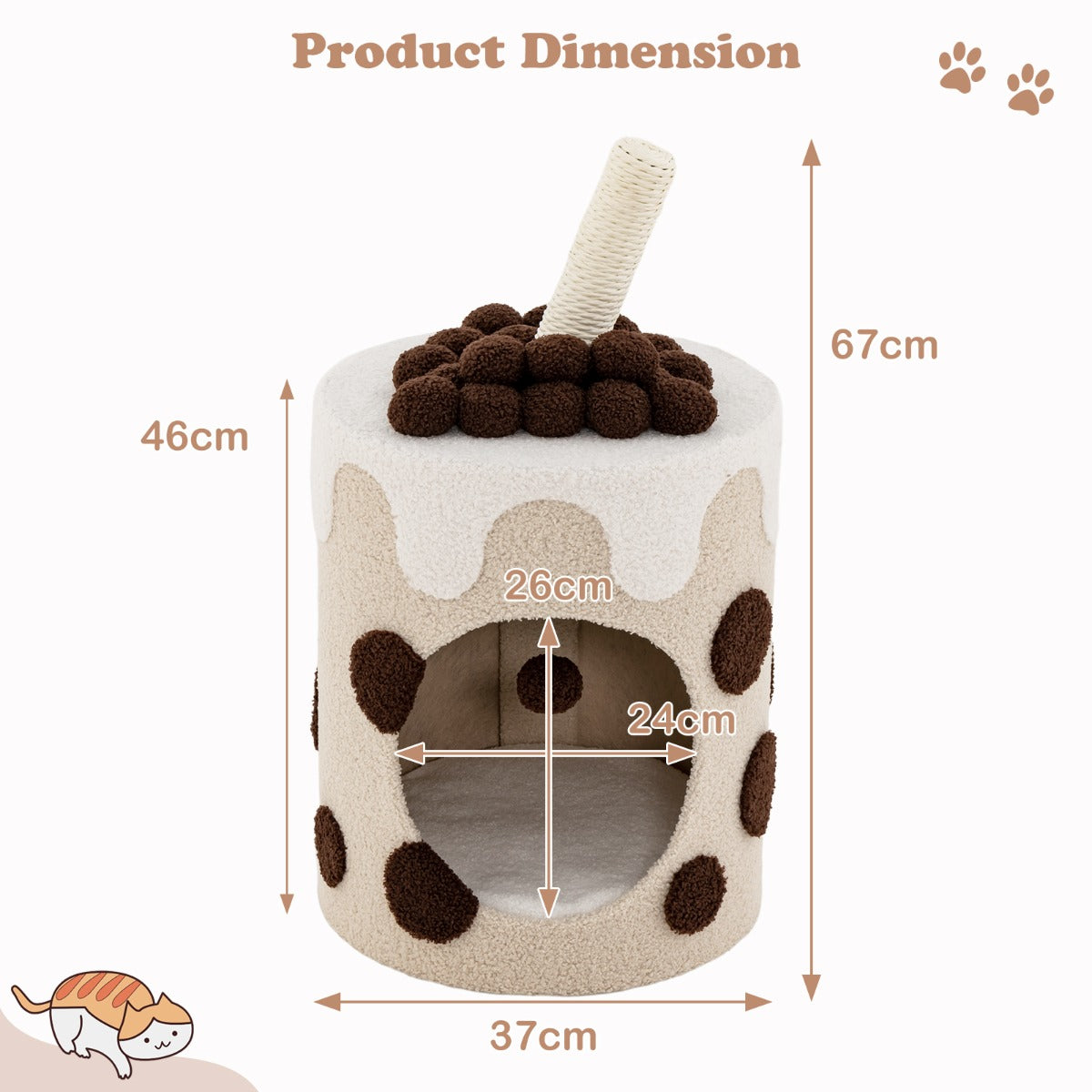 LIVSK Bubble Tea Krabpaal voor Katten - Interactieve Hangende Bal - Afneembaar Kussen - Pluche Bekleding - 67 x 37 x 37 cm -