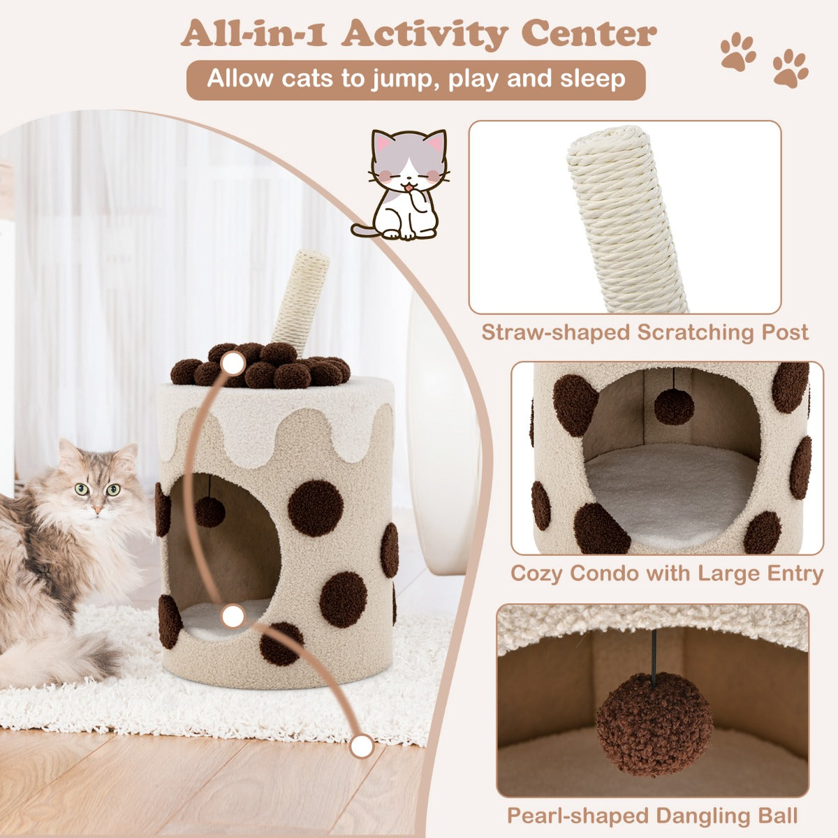 LIVSK Bubble Tea Krabpaal voor Katten - Interactieve Hangende Bal - Afneembaar Kussen - Pluche Bekleding - 67 x 37 x 37 cm -