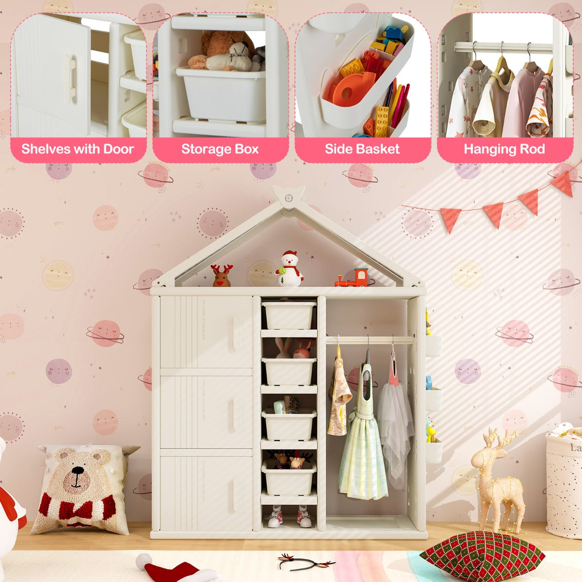 LIVSK Kinderkledingkast - Duurzaam HDPE - 4 Verstelbare Planken - 3 Zijmanden - Kindveilig Ontwerp - 130 x 34 x 156,5 cm -