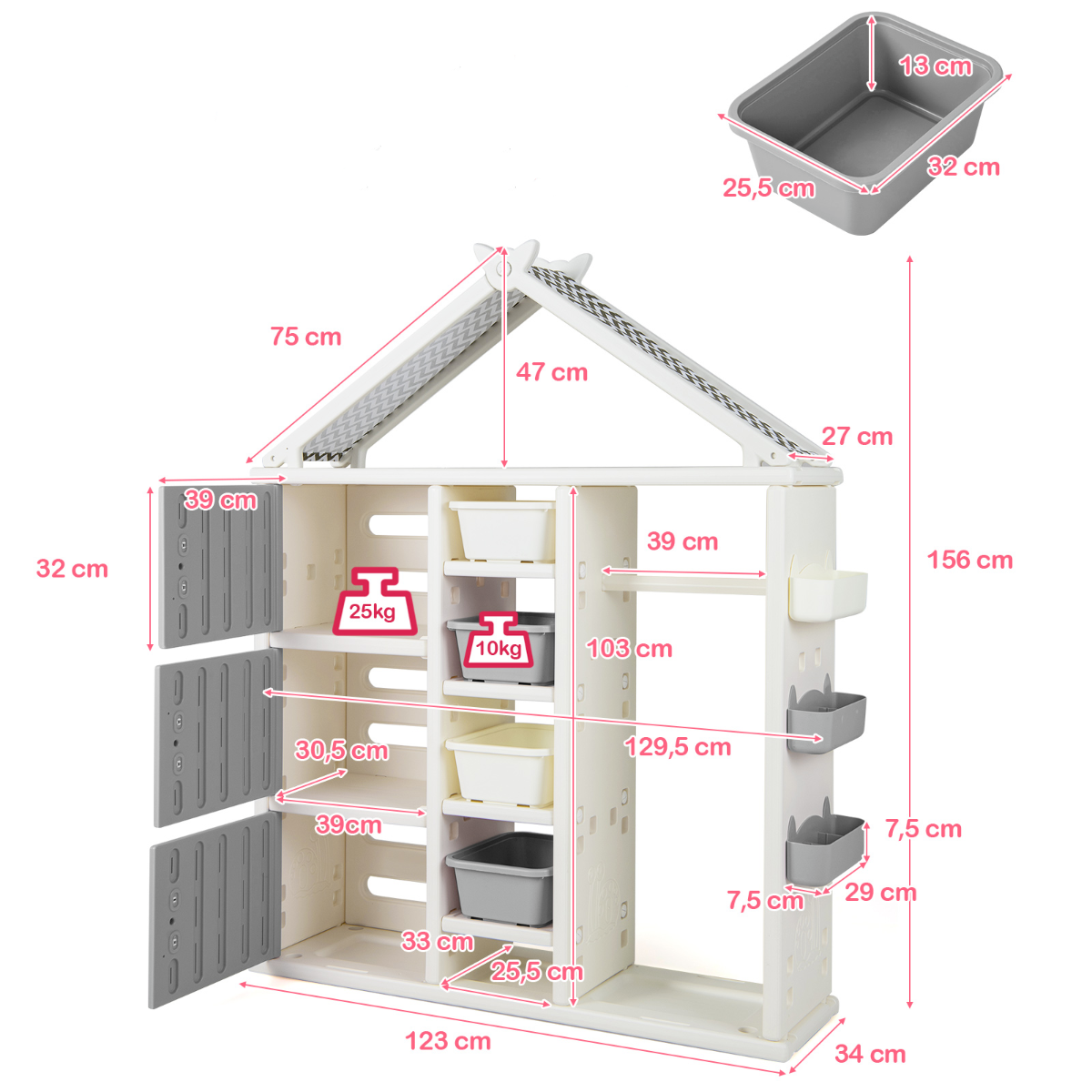 LIVSK Kinderkledingkast - Huisvormig Ontwerp - 4 Verstelbare Planken - 3 Zijmanden - Duurzaam HDPE - Veilig en Speels - Roze+Wit