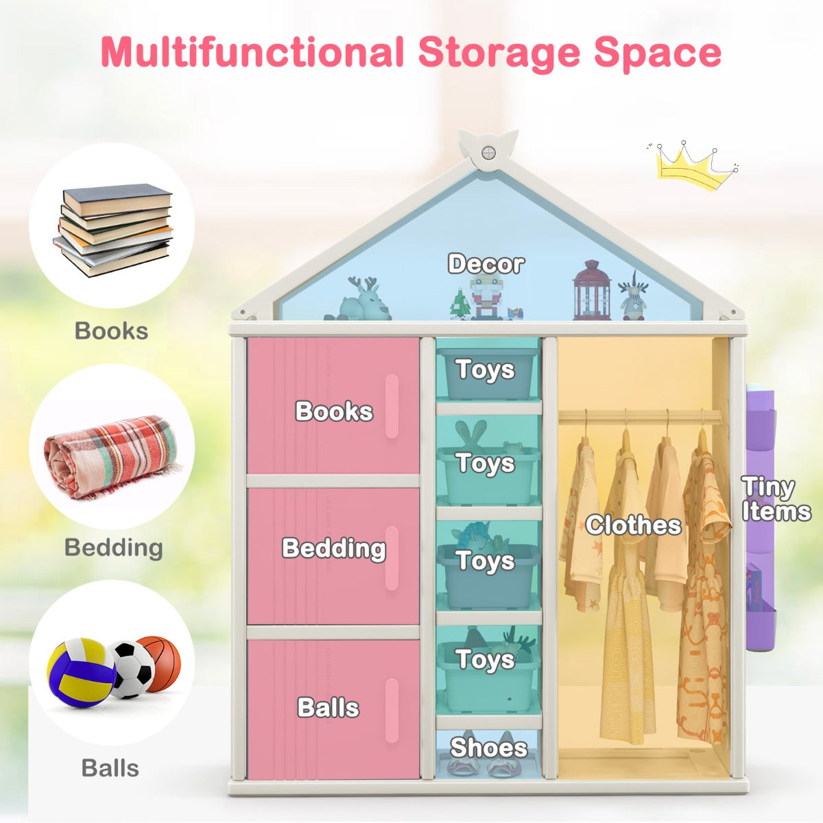 LIVSK Kinderkledingkast - Huisvormig Ontwerp - 4 Verstelbare Planken - 3 Zijmanden - Duurzaam HDPE - Veilig en Speels - Roze+Wit