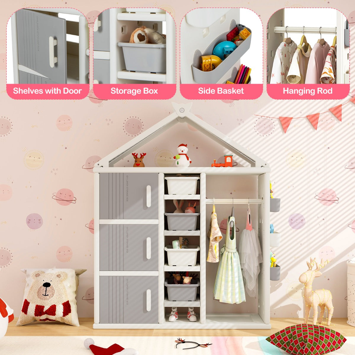 LIVSK Kinderkledingkast - Huisvormig Ontwerp - 4 Verstelbare Planken - 3 Zijmanden - Duurzaam HDPE - Veilig en Speels - Roze+Wit