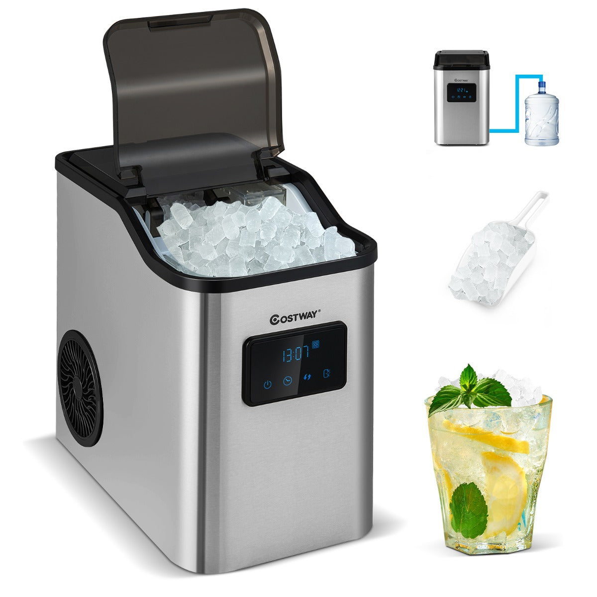 LIVSK Tafelijsmachine voor Nugget-ijs - Capaciteit 24 kg/dag - Roestvrij staal - Zelfreinigend - Timerfunctie - Zilver
