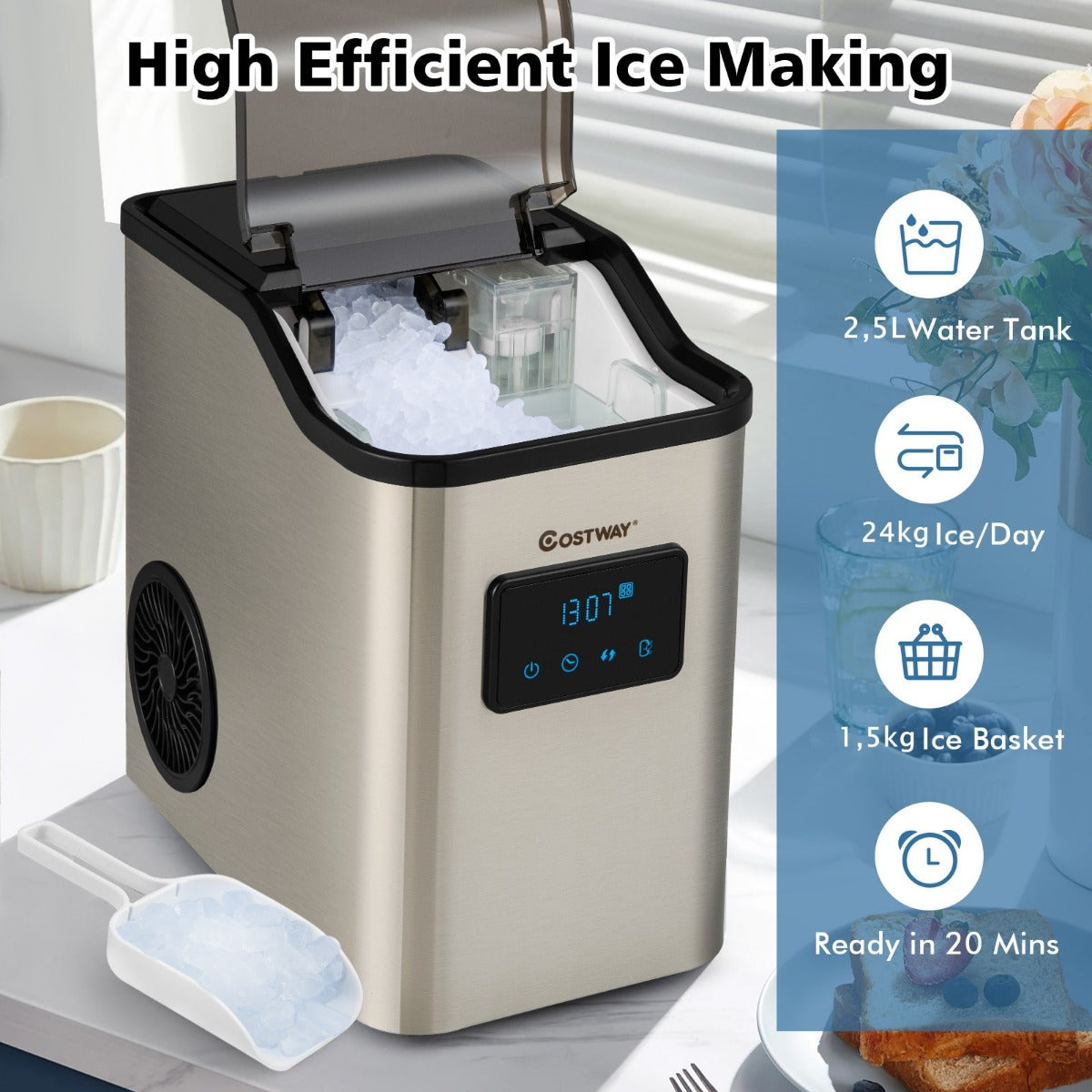 LIVSK Tafelijsmachine voor Nugget-ijs - Capaciteit 24 kg/dag - Roestvrij staal - Zelfreinigend - Timerfunctie - Zilver