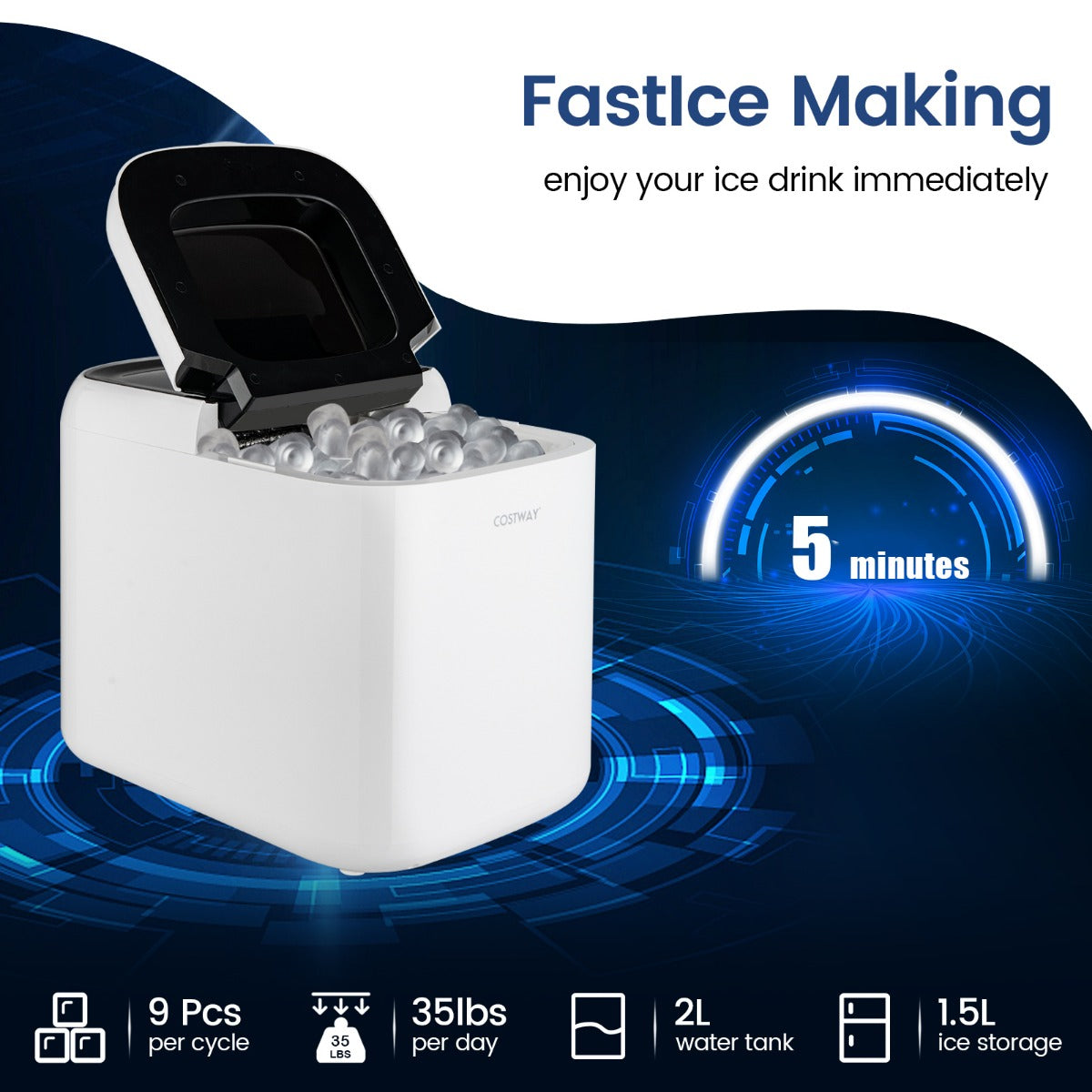 LIVSK IJsblokjesmachine - 9 IJsblokjes in 6 Min - 16 kg Per Dag - Zelfreinigend - Touchscreen - Wit + Zwart