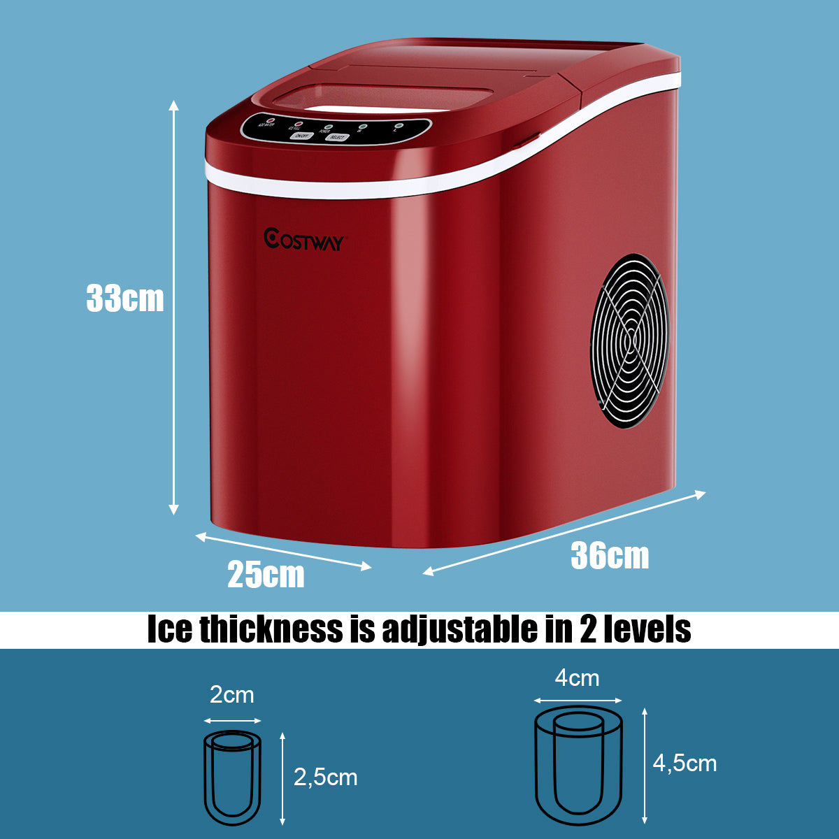 LIVSK IJsblokjesmachine - 12 kg per 24u - 2,2L Waterreservoir - Compact en Energiezuinig - Kies IJsblokjesgrootte - Rood