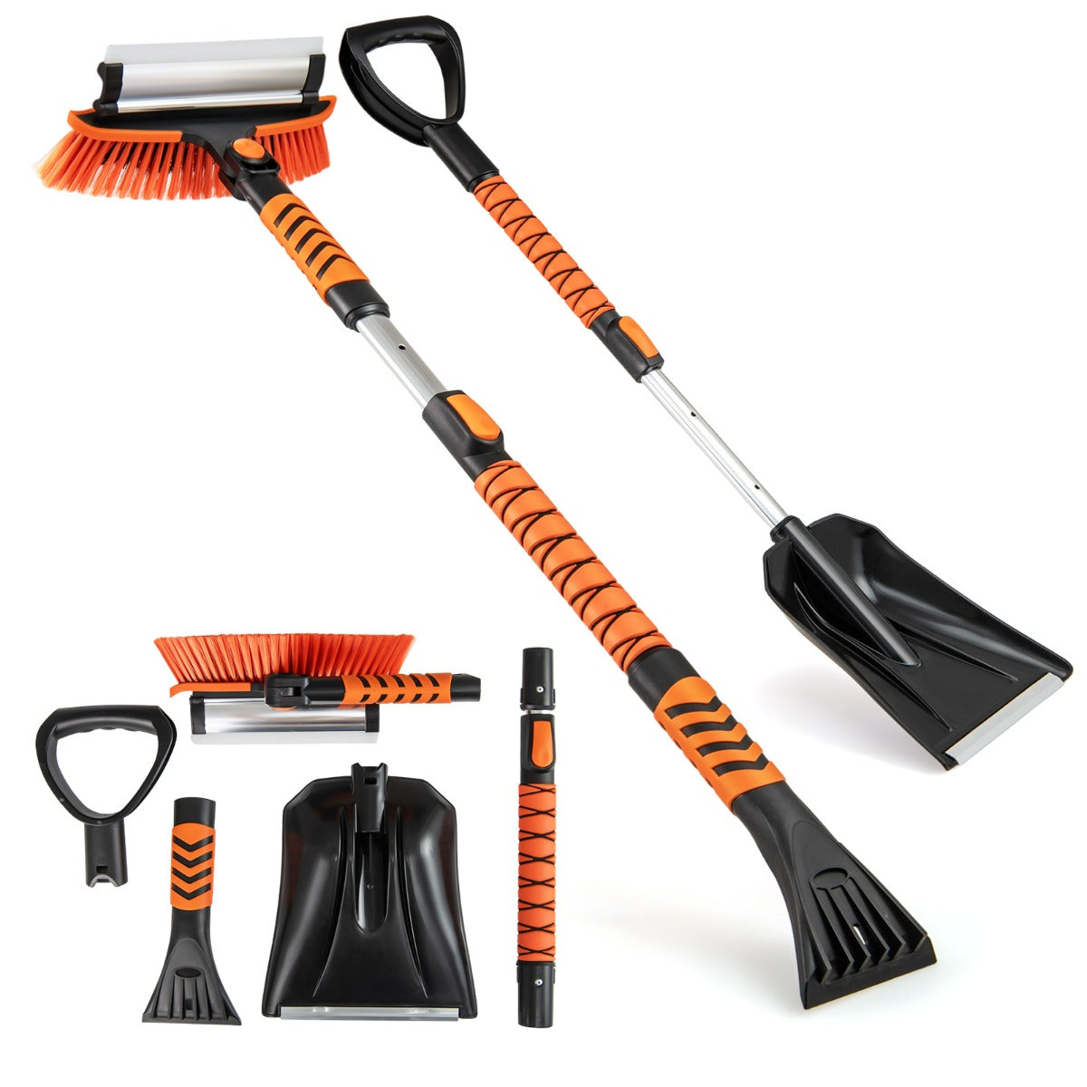 LIVSK 4-in-1 sneeuwkrabberset - Luxe PET-borstel - Rubber schraper - Telescopische steel - Ergonomisch - Oranje