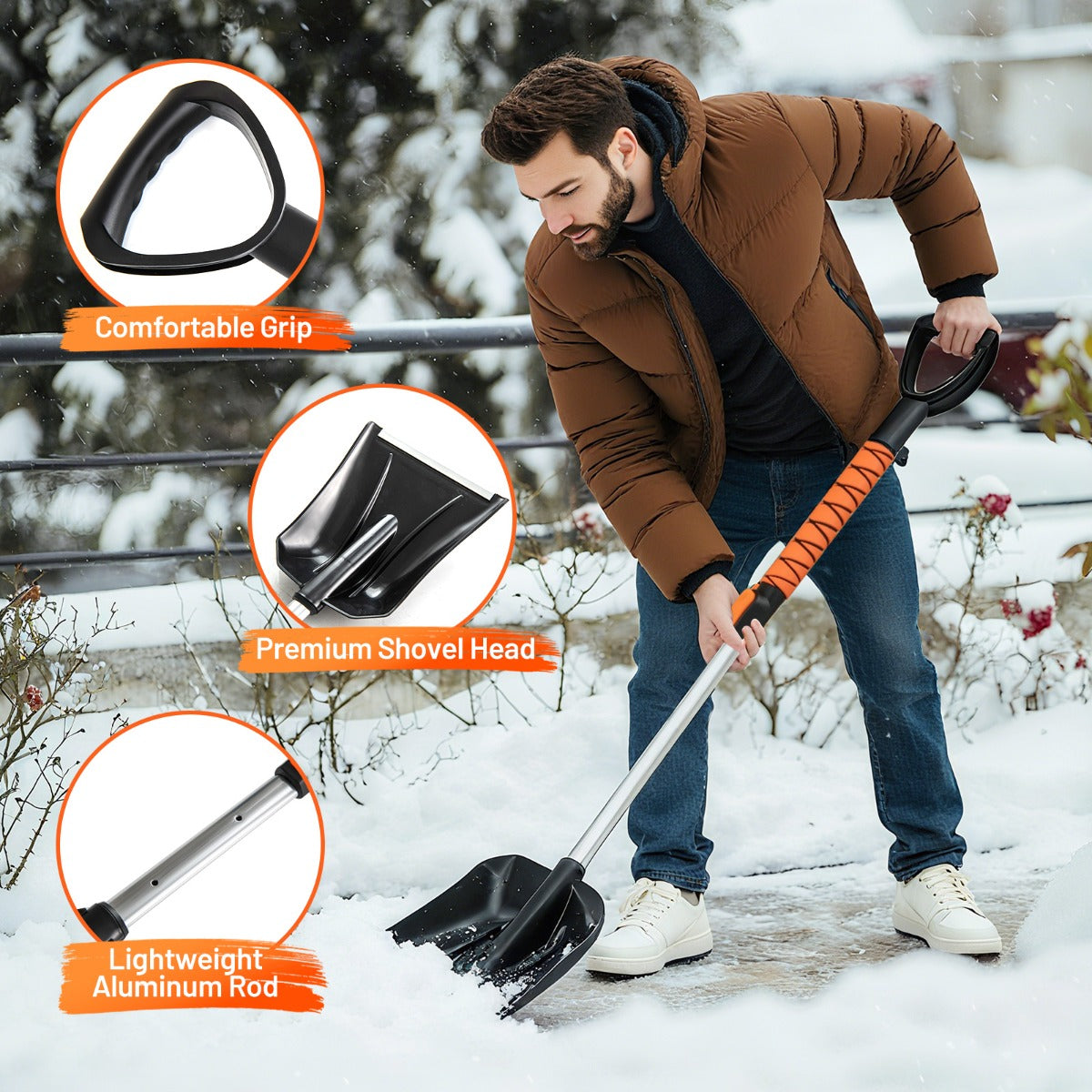 LIVSK 4-in-1 sneeuwkrabberset - Luxe PET-borstel - Rubber schraper - Telescopische steel - Ergonomisch - Oranje