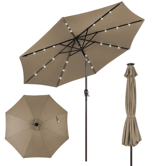 LIVSK Strandparasol met LED Verlichting - Ø3m - Verstelbare Kantelhoek - Eenvoudig in Gebruik - Stabiel met 8 Stokken - Bruin
