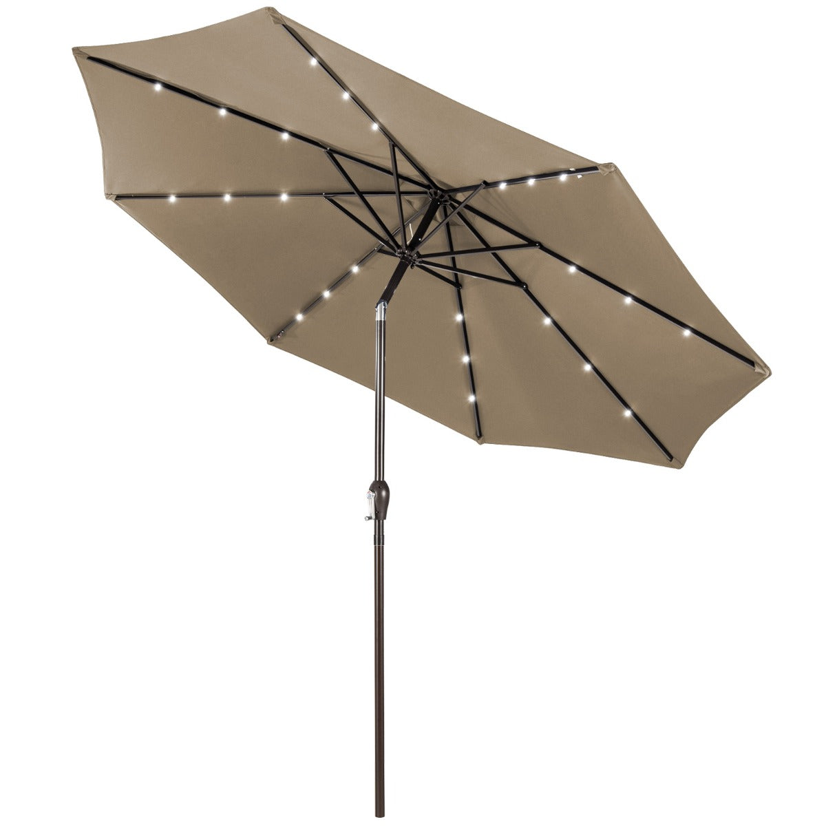 LIVSK Strandparasol met LED Verlichting - Ø3m - Verstelbare Kantelhoek - Eenvoudig in Gebruik - Stabiel met 8 Stokken - Bruin