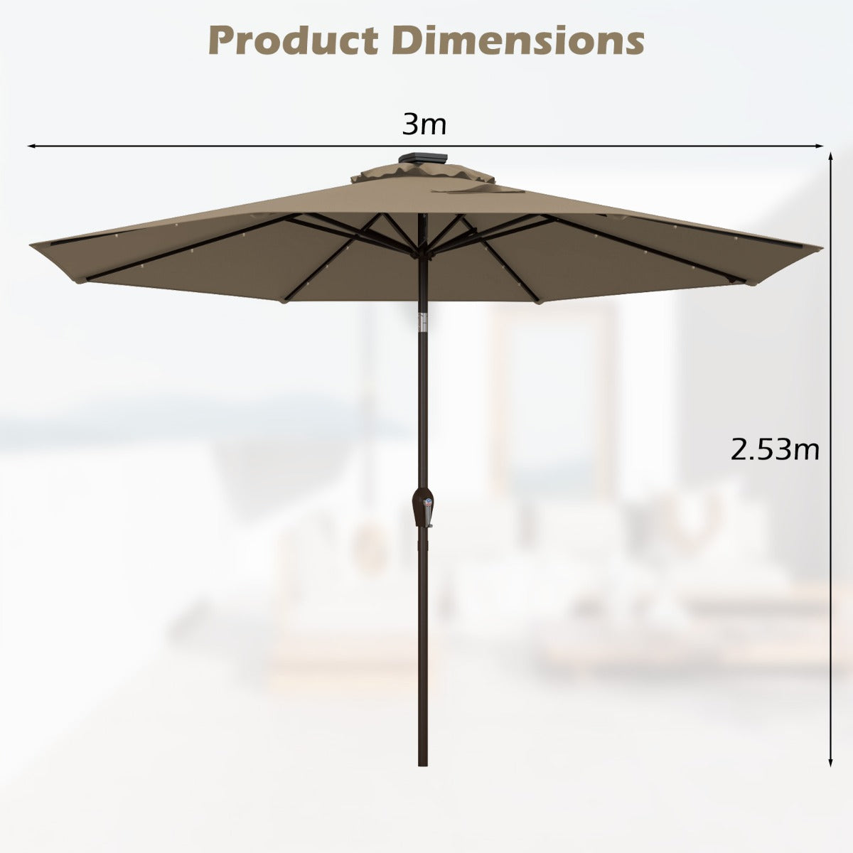 LIVSK Strandparasol met LED Verlichting - Ø3m - Verstelbare Kantelhoek - Eenvoudig in Gebruik - Stabiel met 8 Stokken - Bruin
