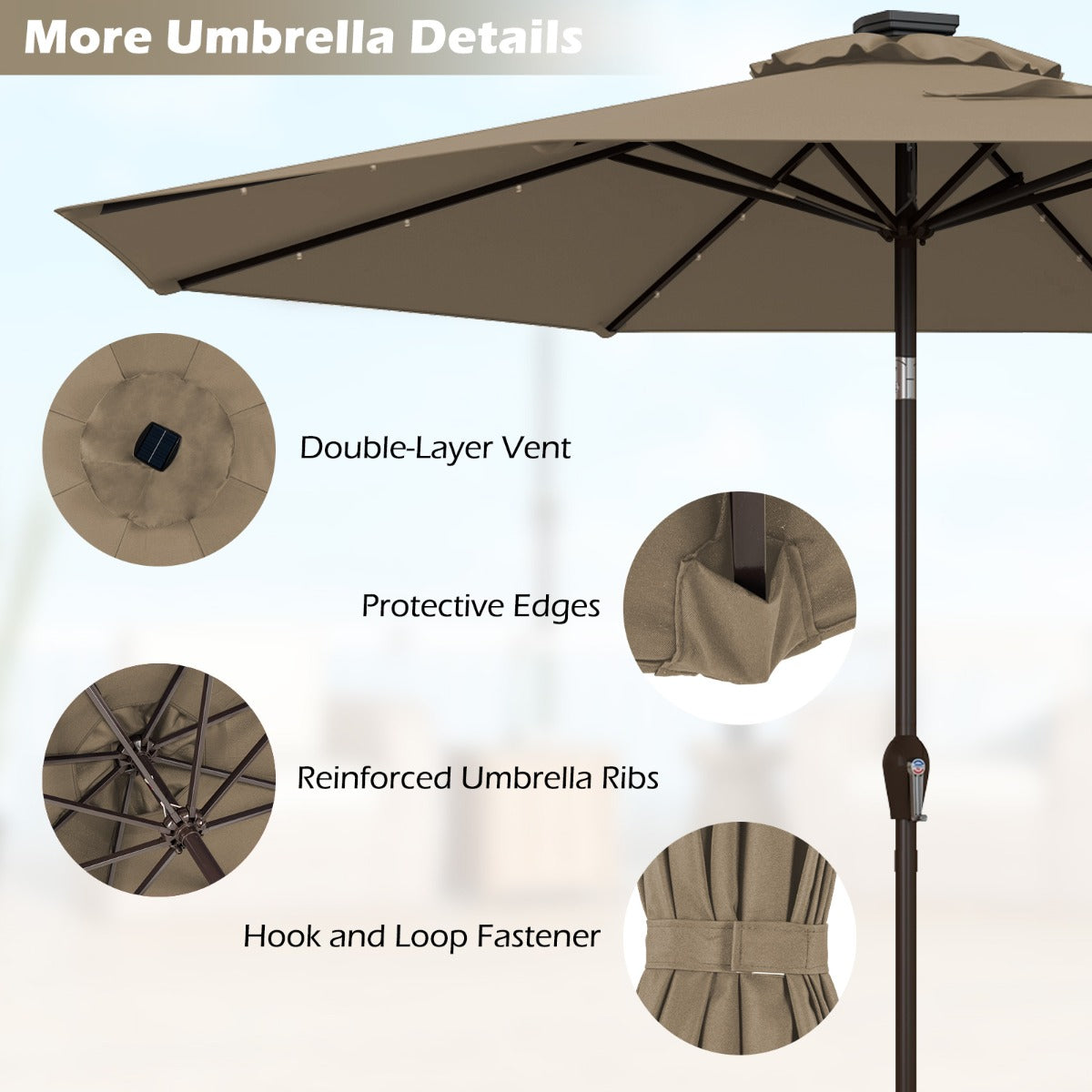 LIVSK Strandparasol met LED Verlichting - Ø3m - Verstelbare Kantelhoek - Eenvoudig in Gebruik - Stabiel met 8 Stokken - Bruin
