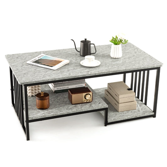 LIVSK Rechthoekige Salontafel - Imitatiemarmer Blad - Zwart Metalen Frame - Veel Opbergruimte - 110 x 60 x 45 cm - Grijs en zwart
