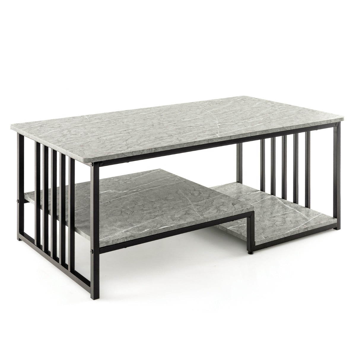 LIVSK Rechthoekige Salontafel - Imitatiemarmer Blad - Zwart Metalen Frame - Veel Opbergruimte - 110 x 60 x 45 cm - Grijs en zwart
