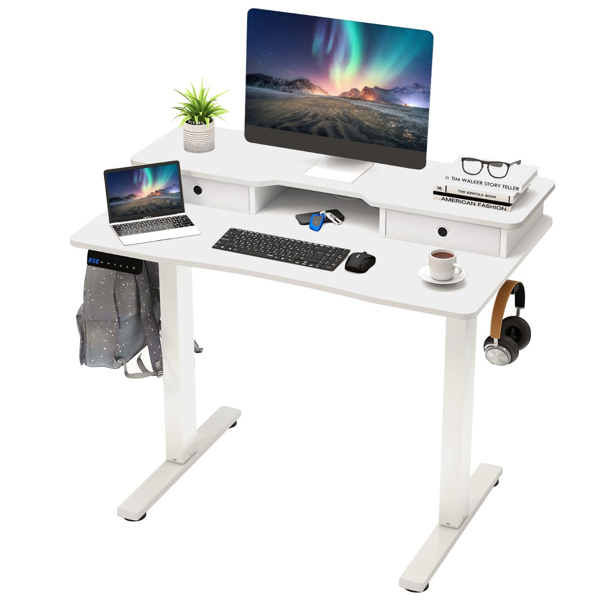 LIVSK Elektrisch In Hoogte Verstelbaar Sta-bureau - Ergonomische Werkplek - Ruim Tafelblad met Opberglades - Wit