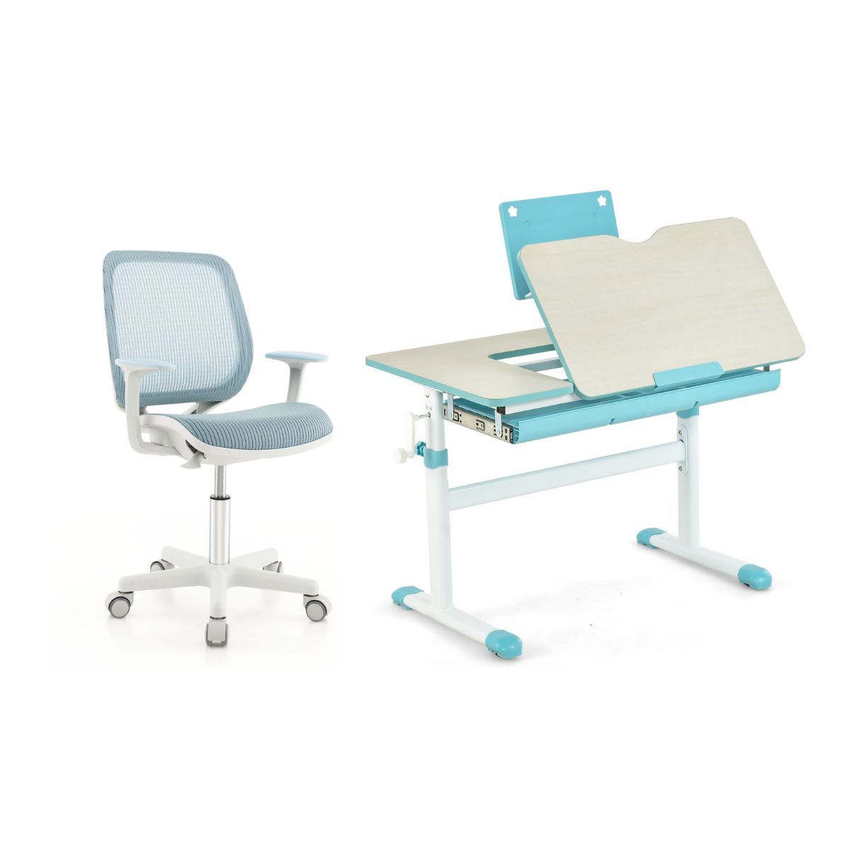 Livsk costway in hoogte verstelbaar kinderbureau draaibare kinderstoel set bureau bureaustoel blauw