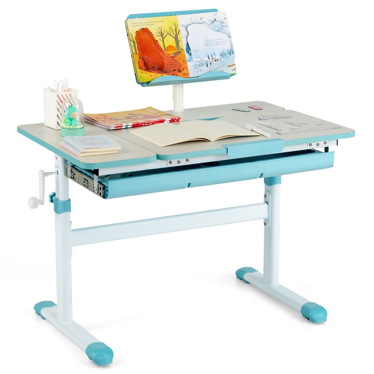 Livsk costway in hoogte verstelbaar kinderbureau en bureaustoel blauwe ergonomische tafel en draaibare mesh zitting 1 1