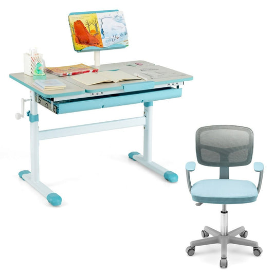 Livsk costway in hoogte verstelbaar kinderbureau en bureaustoel blauwe ergonomische tafel en draaibare mesh zitting
