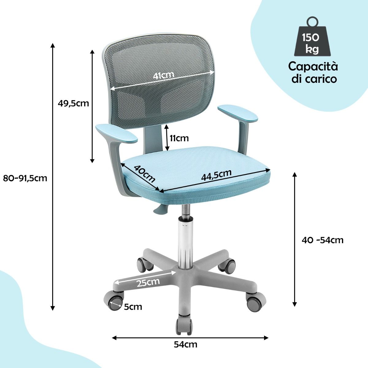 Livsk costway in hoogte verstelbaar kinderbureau en bureaustoel blauwe ergonomische tafel en draaibare mesh zitting 4