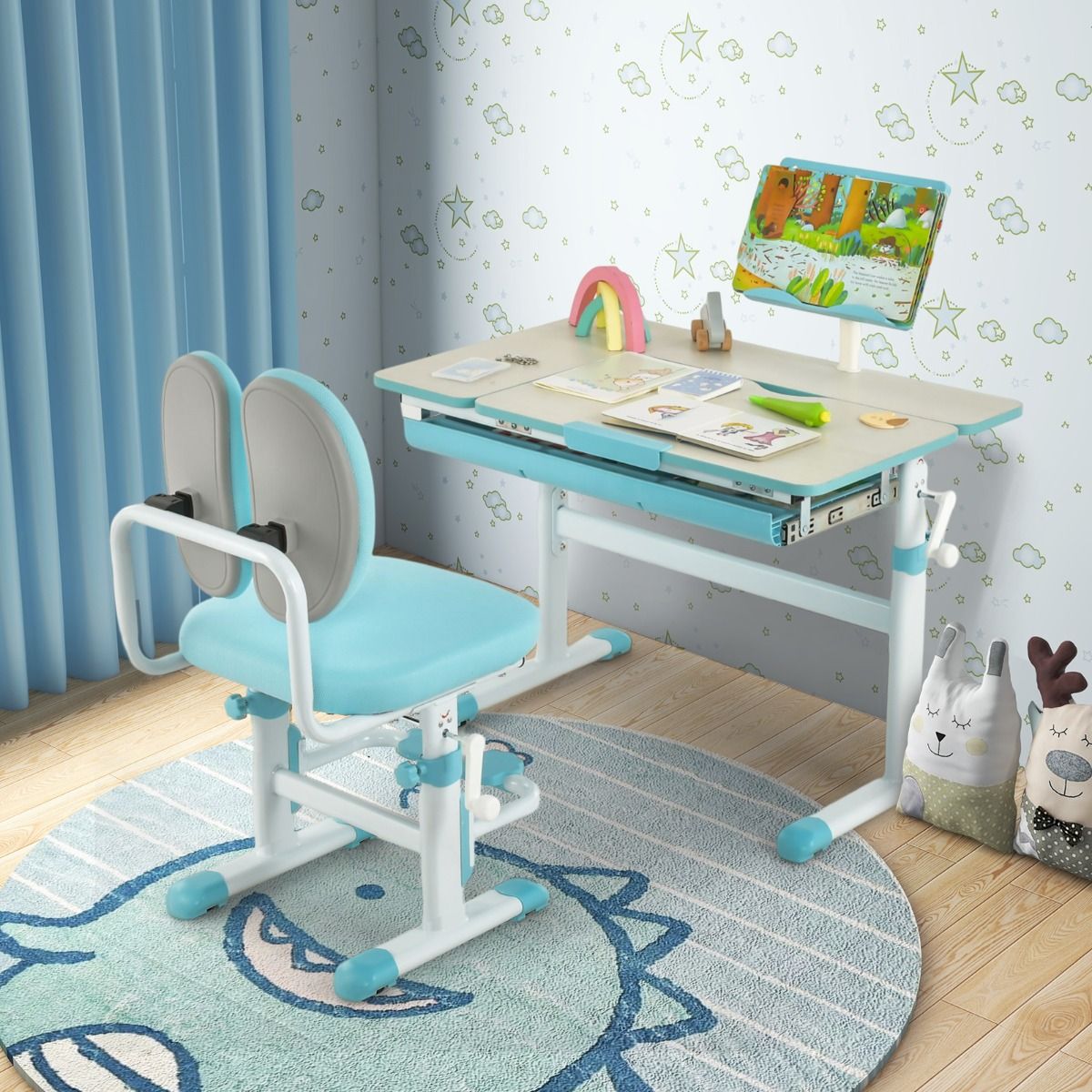 Livsk costway in hoogte verstelbaar kinderbureau en bureaustoel blauwe ergonomische tafel en draaibare mesh zitting 5